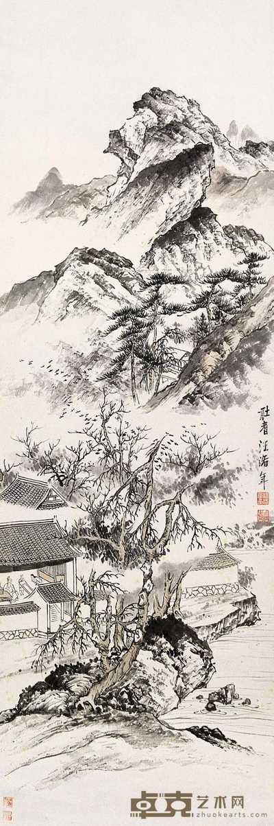 汪洛年 溪塘观画图 立轴 37×102cm